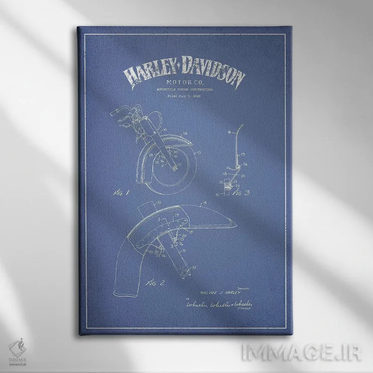 تابلو ساخت گلگیر موتورسیکلتهای هارلی-دیویدسون (آبی روشن) اثر پیکسل کهنه (استودیو/نام هنری) - نمای روبهرو روی دیوار
