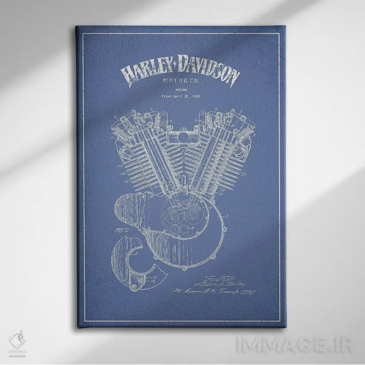 تابلو موتور موتورسیکلتهای هارلی-دیویدسون (آبی روشن) اثر پیکسل کهنه (استودیو/نام هنری) - نمای روبهرو روی دیوار