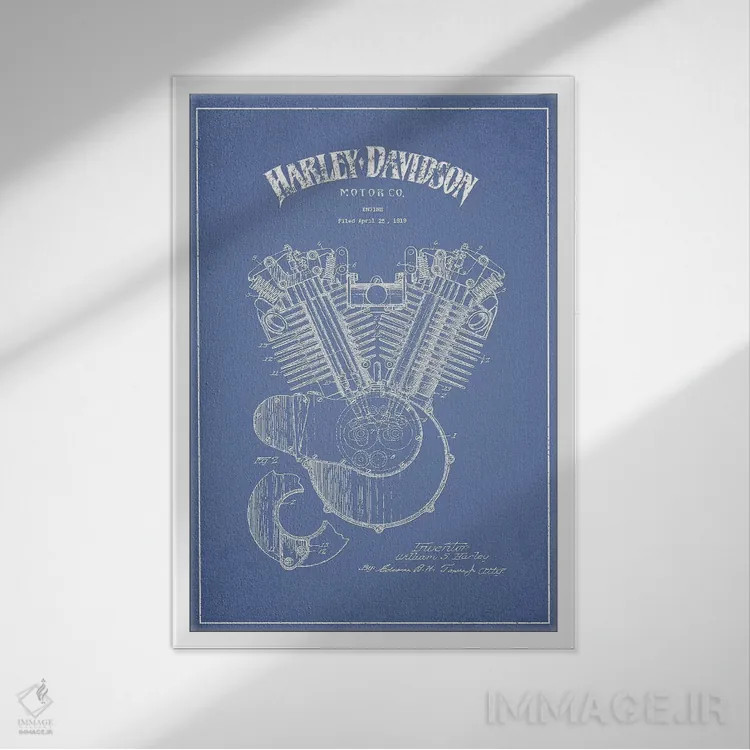 تابلو موتور موتورسیکلتهای هارلی-دیویدسون (آبی روشن) اثر پیکسل کهنه (استودیو/نام هنری) - نمای قابدار سفید