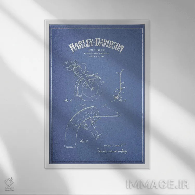 تابلو ساخت گلگیر موتورسیکلتهای هارلی-دیویدسون (آبی روشن) اثر پیکسل کهنه (استودیو/نام هنری) - نمای قابدار سفید