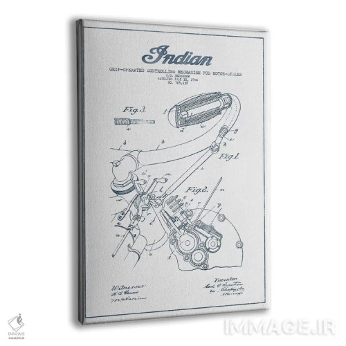 تابلو طرح اختراع مکانیزم کنترل موتورسیکلت ایندیَن با دستگیره (جوهر) اثر پیکسل کهنه (استودیو/نام هنری) - نمای پرسپکتیو محصول