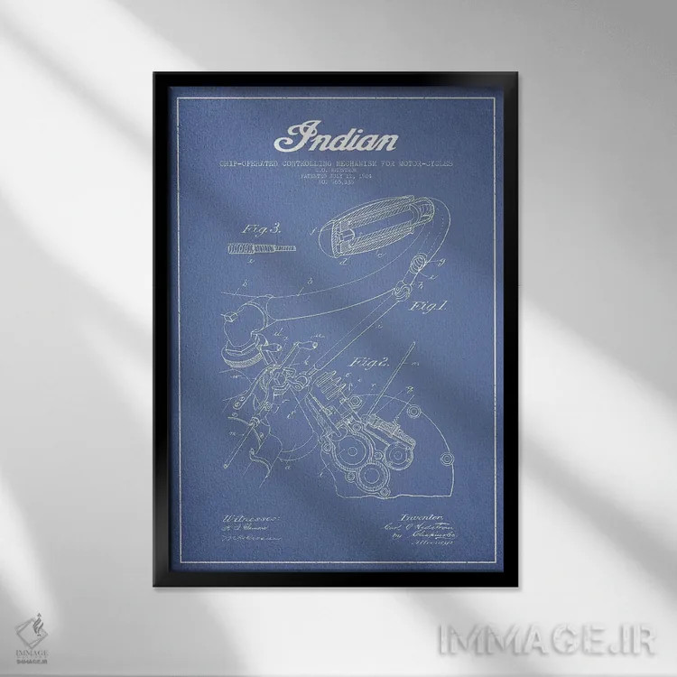 تابلو طرح اختراع مکانیزم کنترل موتورسیکلت ایندیَن با دستگیره (آبی روشن) اثر پیکسل کهنه (استودیو/نام هنری) - نمای قابدار مشکی