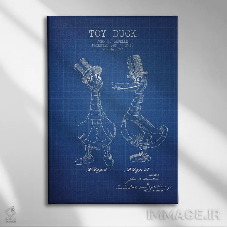 تابلو Male Patent Sketch (Blue Grid),طرح اختراع اردک اسباببازی نر جی.بی. گروئل (شبکه آبی) اثر پیکسل کهنه (استودیو/نام هنری) - نمای روبهرو روی دیوار
