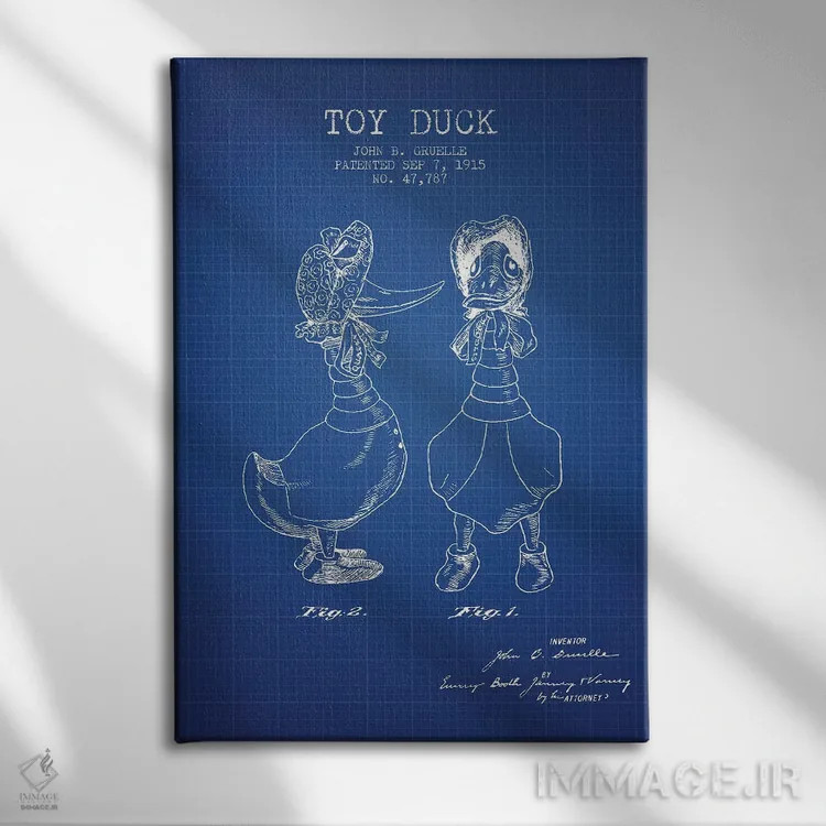 تابلو Female Patent Sketch (Blue Grid),طرح اختراع اردک اسباببازی ماده جی.بی. گروئل (شبکه آبی) اثر پیکسل کهنه (استودیو/نام هنری) - نمای روبهرو روی دیوار