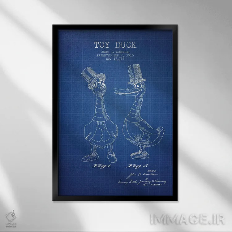 تابلو Male Patent Sketch (Blue Grid),طرح اختراع اردک اسباببازی نر جی.بی. گروئل (شبکه آبی) اثر پیکسل کهنه (استودیو/نام هنری) - نمای قابدار مشکی