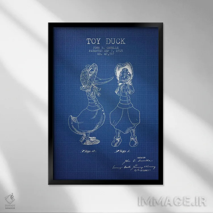 تابلو Female Patent Sketch (Blue Grid),طرح اختراع اردک اسباببازی ماده جی.بی. گروئل (شبکه آبی) اثر پیکسل کهنه (استودیو/نام هنری) - نمای قابدار مشکی
