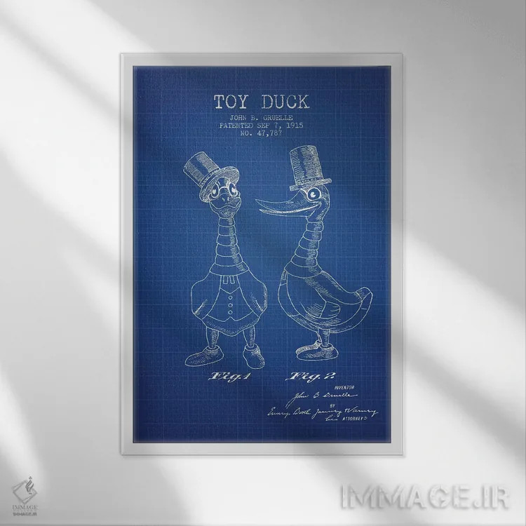 تابلو Male Patent Sketch (Blue Grid),طرح اختراع اردک اسباببازی نر جی.بی. گروئل (شبکه آبی) اثر پیکسل کهنه (استودیو/نام هنری) - نمای قابدار سفید