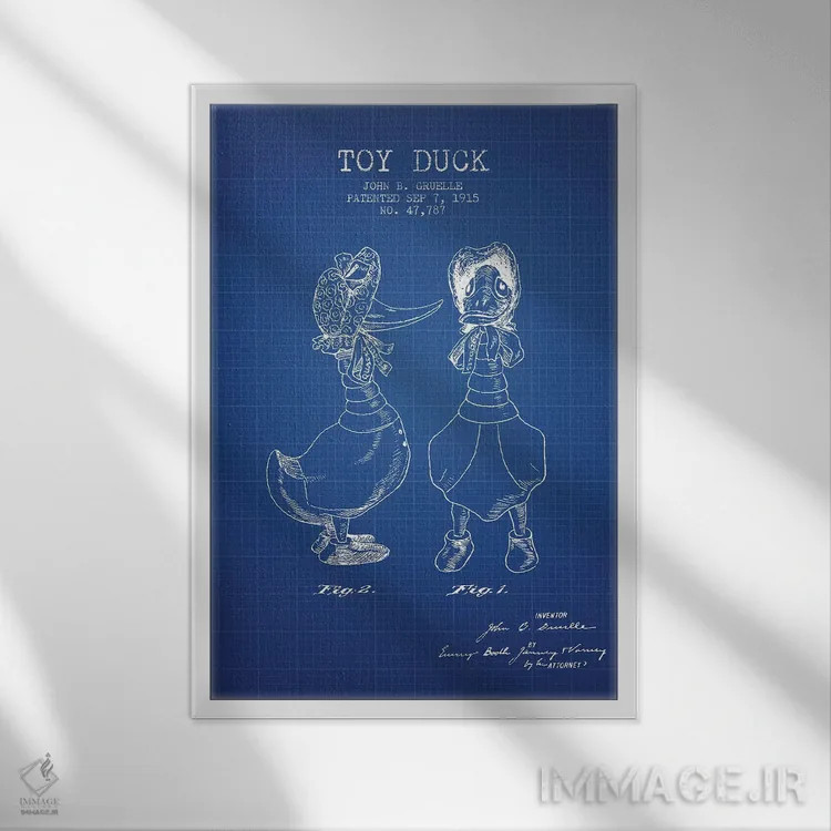 تابلو Female Patent Sketch (Blue Grid),طرح اختراع اردک اسباببازی ماده جی.بی. گروئل (شبکه آبی) اثر پیکسل کهنه (استودیو/نام هنری) - نمای قابدار سفید
