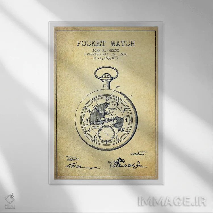 تابلو طرح الگوی قدیمی ساعت جیبی جان ای. مروز اثر پیکسل کهنه (استودیو/نام هنری) - نمای قابدار سفید