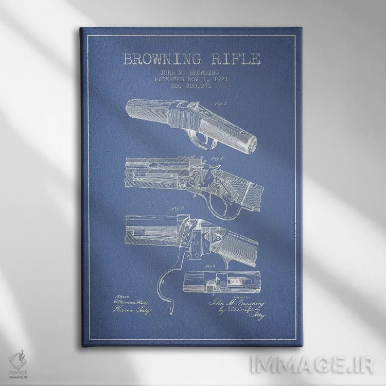تابلو طرح پتنت تفنگ جان ام. براونینگ (آبی روشن) اثر پیکسل کهنه (استودیو/نام هنری) - نمای روبهرو روی دیوار