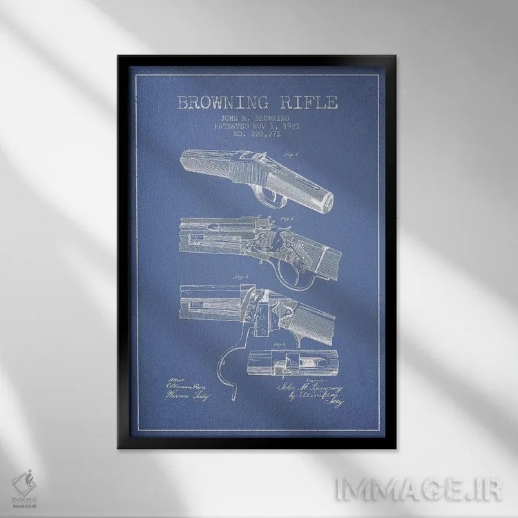 تابلو طرح پتنت تفنگ جان ام. براونینگ (آبی روشن) اثر پیکسل کهنه (استودیو/نام هنری) - نمای قابدار مشکی