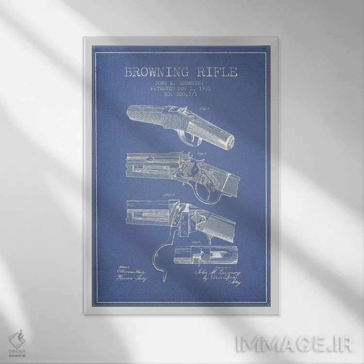 تابلو طرح پتنت تفنگ جان ام. براونینگ (آبی روشن) اثر پیکسل کهنه (استودیو/نام هنری) - نمای قابدار سفید