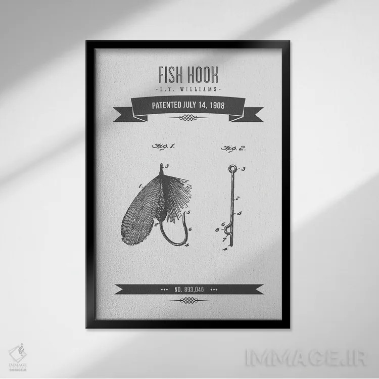 تابلو طرح پتنت کلاسیک قلاب ماهیگیری ال.وای. ویلیامز (زغالسنگی) اثر پیکسل کهنه (استودیو/نام هنری) - نمای قابدار مشکی