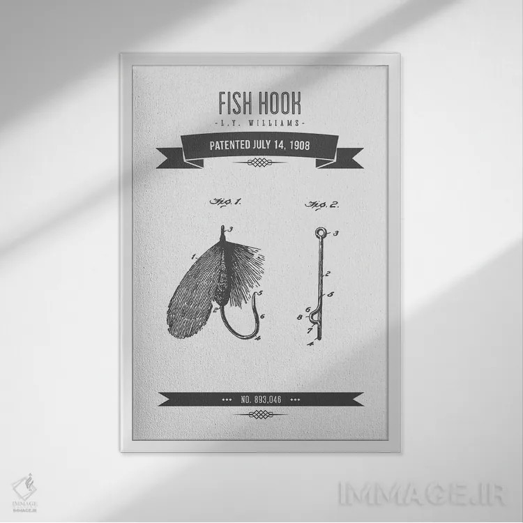 تابلو طرح پتنت کلاسیک قلاب ماهیگیری ال.وای. ویلیامز (زغالسنگی) اثر پیکسل کهنه (استودیو/نام هنری) - نمای قابدار سفید