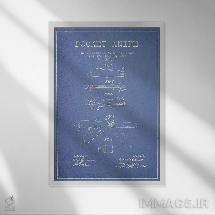 تابلو طرح پتنت چاقوی جیبی ان. دبلیو. گرندال و جی. دبلیو. جاپسون (آبی روشن) اثر پیکسل کهنه (استودیو/نام هنری) - نمای قابدار سفید