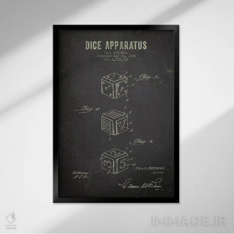 تابلو طرح پتنت دستگاه تاس پاول میچل (زغالسنگی) اثر پیکسل کهنه (استودیو/نام هنری) - نمای قابدار مشکی