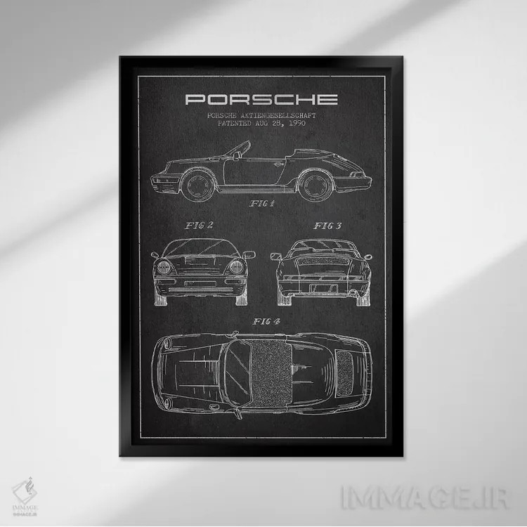 تابلو طرح پتنت پورشه شرکت پورشه (زغالسنگی) اثر پیکسل کهنه (استودیو/نام هنری) - نمای قابدار مشکی