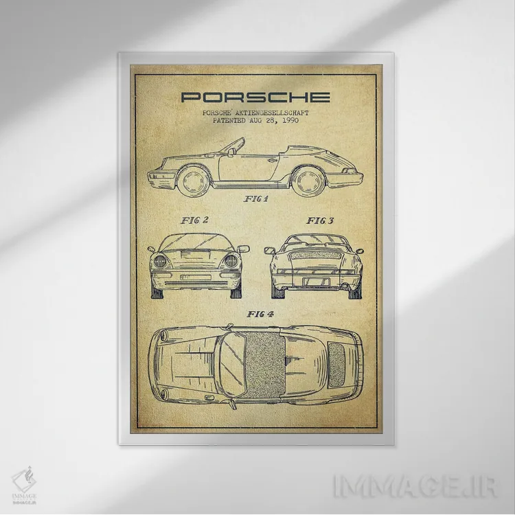 تابلو طرح پتنت قدیمی پورشه شرکت پورشه اثر پیکسل کهنه (استودیو/نام هنری) - نمای قابدار سفید