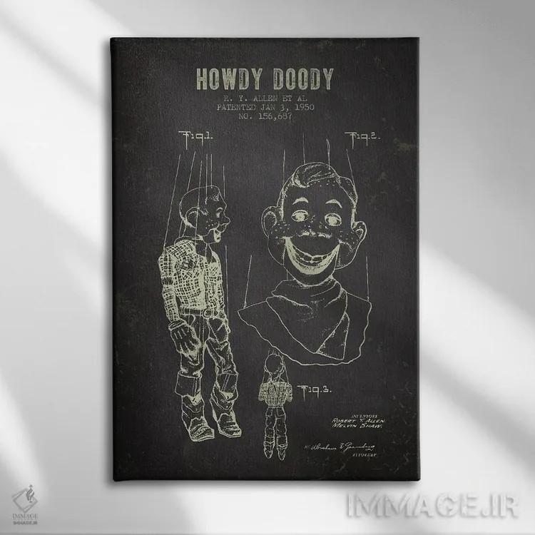 تابلو طرح پتنت عروسک هودی دودی آر.وای. آلن و همکاران (زغالسنگی) اثر پیکسل کهنه (استودیو/نام هنری) - نمای روبهرو روی دیوار