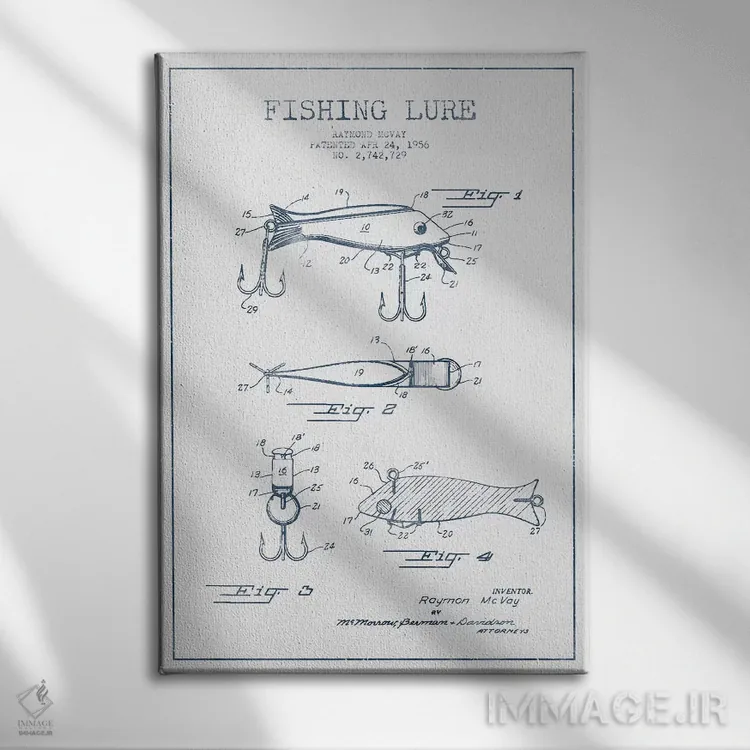 تابلو طرح پتنت طعمه ماهیگیری ریموند مکوی (مرکب) شماره ۱ اثر پیکسل کهنه (استودیو/نام هنری) - نمای روبهرو روی دیوار