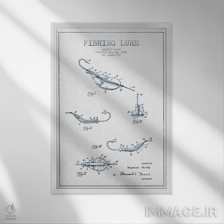 تابلو طرح پتنت طعمه ماهیگیری ریموند مکوی (مرکب) شماره ۲ اثر پیکسل کهنه (استودیو/نام هنری) - نمای قابدار سفید