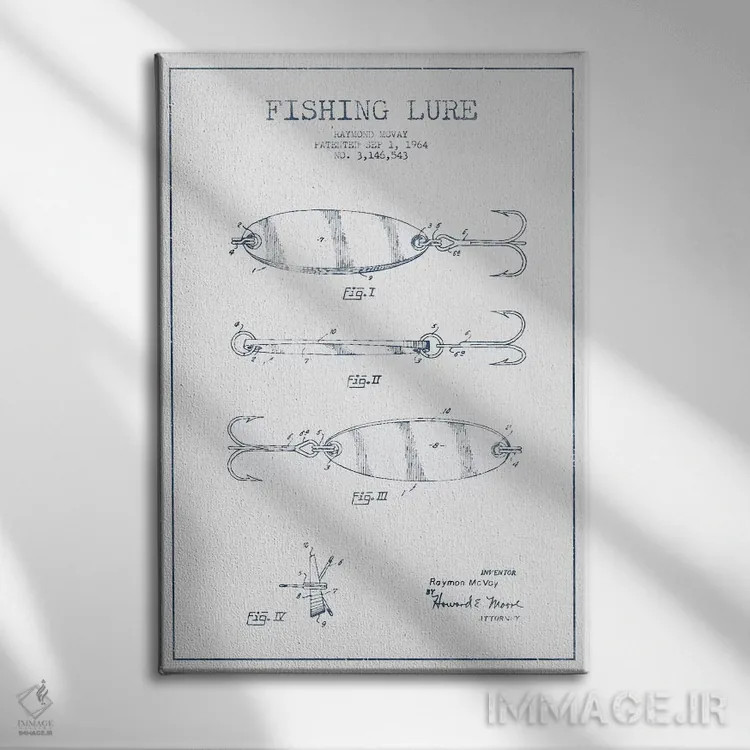 تابلو طرح پتنت طعمه ماهیگیری ریموند مکوی (مرکب) شماره ۳ اثر پیکسل کهنه (استودیو/نام هنری) - نمای روبهرو روی دیوار