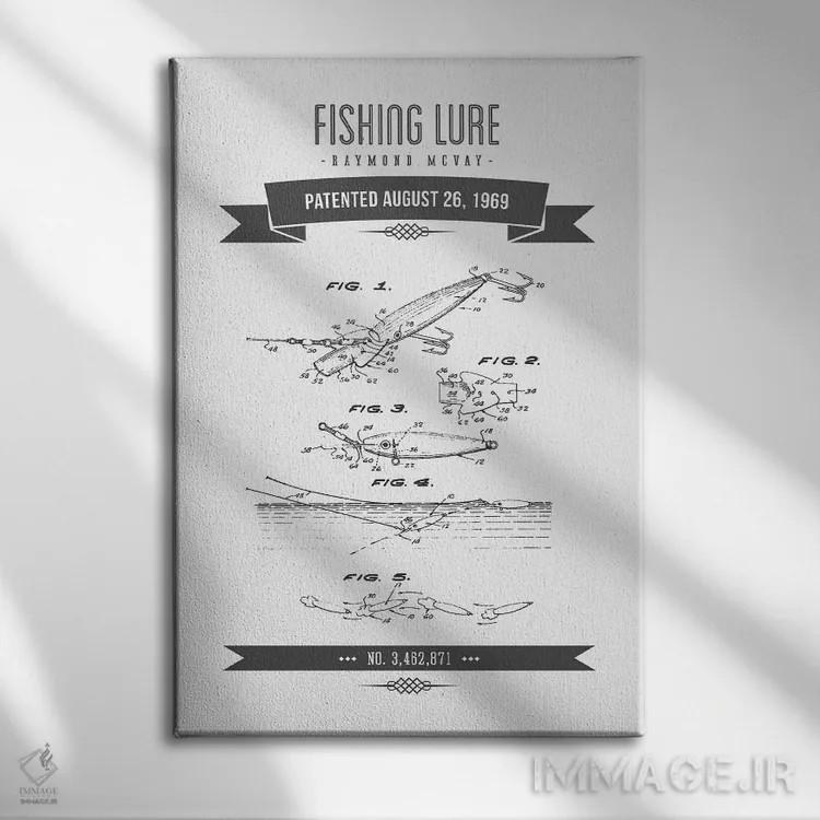 تابلو طرح پتنت کلاسیک طعمه ماهیگیری ریموند مکوی (زغالسنگی) شماره ۴ اثر پیکسل کهنه (استودیو/نام هنری) - نمای روبهرو روی دیوار