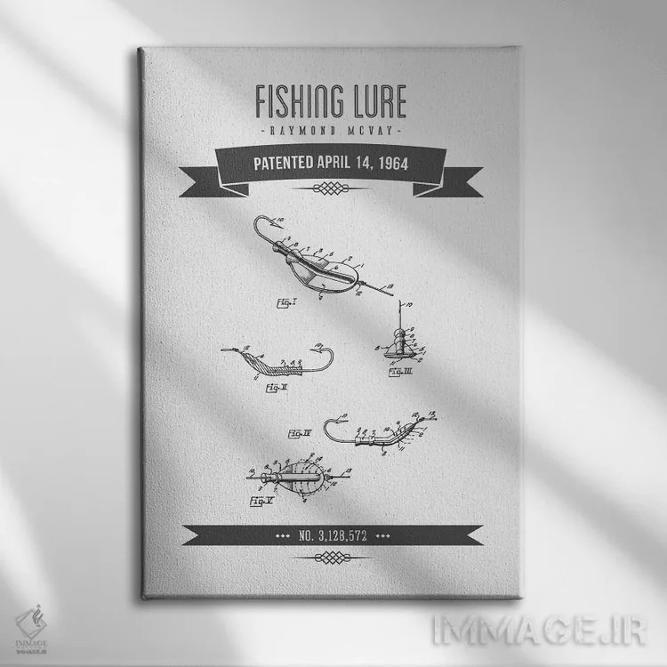 تابلو طرح پتنت کلاسیک طعمه ماهیگیری ریموند مکوی (زغالسنگی) شماره ۲ اثر پیکسل کهنه (استودیو/نام هنری) - نمای روبهرو روی دیوار