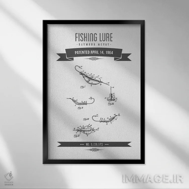 تابلو طرح پتنت کلاسیک طعمه ماهیگیری ریموند مکوی (زغالسنگی) شماره ۲ اثر پیکسل کهنه (استودیو/نام هنری) - نمای قابدار مشکی
