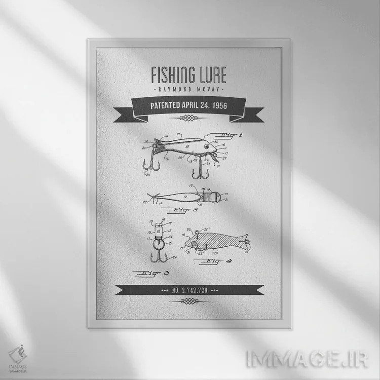 تابلو طرح پتنت کلاسیک طعمه ماهیگیری ریموند مکوی (زغالسنگی) شماره ۱ اثر پیکسل کهنه (استودیو/نام هنری) - نمای قابدار سفید