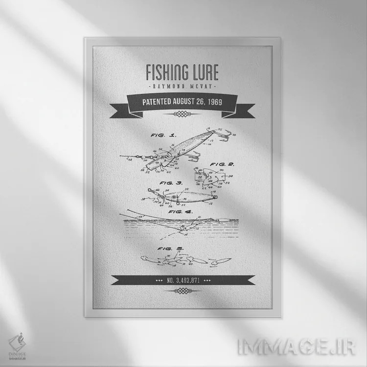 تابلو طرح پتنت کلاسیک طعمه ماهیگیری ریموند مکوی (زغالسنگی) شماره ۴ اثر پیکسل کهنه (استودیو/نام هنری) - نمای قابدار سفید