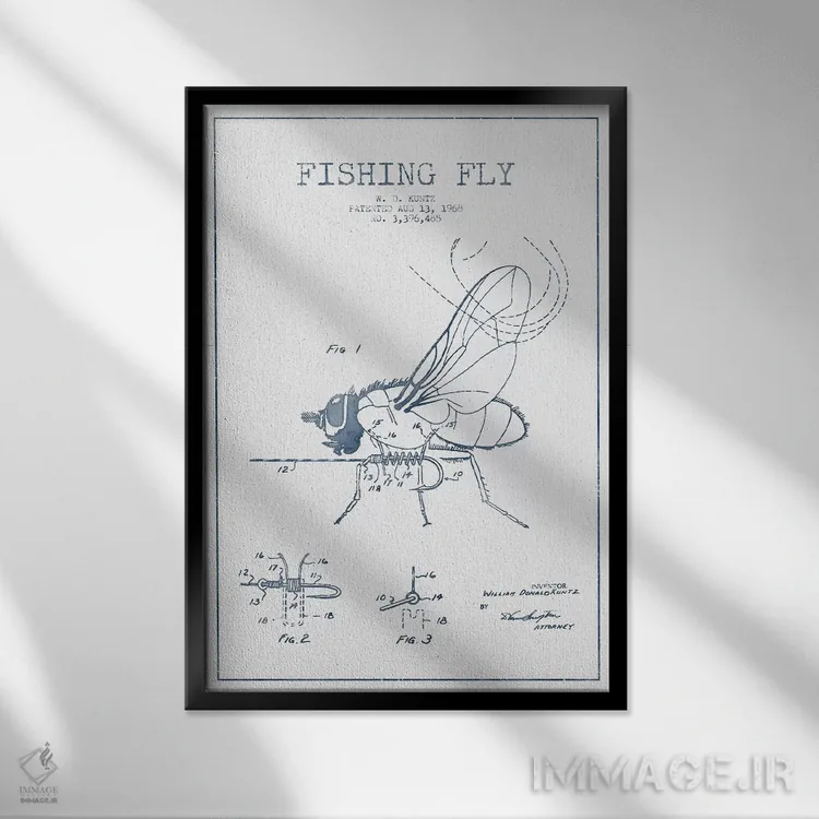 تابلو طرح پتنت مگس مصنوعی ماهیگیری دبلیو.دی. کونتز (مرکب) اثر پیکسل کهنه (استودیو/نام هنری) - نمای قابدار مشکی
