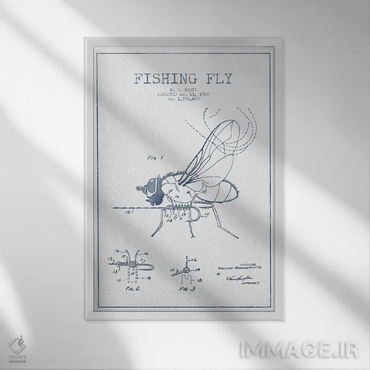 تابلو طرح پتنت مگس مصنوعی ماهیگیری دبلیو.دی. کونتز (مرکب) اثر پیکسل کهنه (استودیو/نام هنری) - نمای قابدار سفید