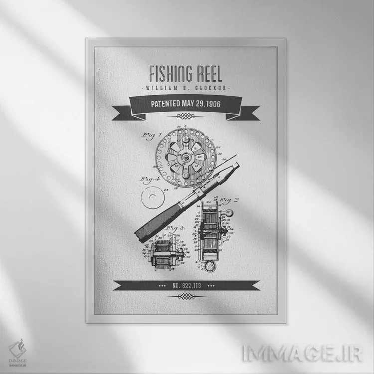تابلو طرح پتنت کلاسیک چرخ ماهیگیری دبلیو.اچ. گلکر (زغالسنگی) اثر پیکسل کهنه (استودیو/نام هنری) - نمای قابدار سفید