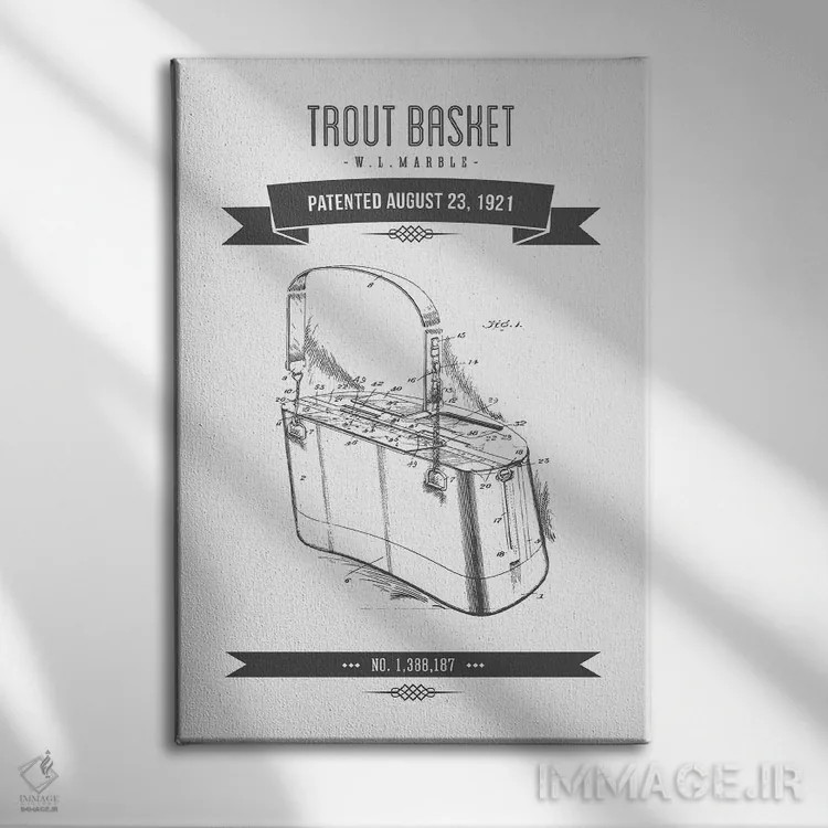 تابلو طرح پتنت کلاسیک سبد ماهیگیری دبلیو.ال. ماربل (زغالسنگی) اثر پیکسل کهنه (استودیو/نام هنری) - نمای روبهرو روی دیوار