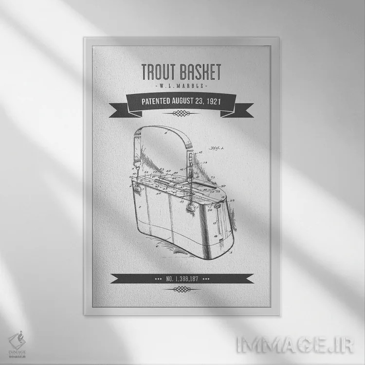 تابلو طرح پتنت کلاسیک سبد ماهیگیری دبلیو.ال. ماربل (زغالسنگی) اثر پیکسل کهنه (استودیو/نام هنری) - نمای قابدار سفید