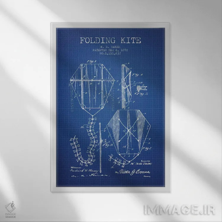 تابلو طرح پتنت بادبادک تاشو دبلیو.اس. بیکر (شبکه آبی) اثر پیکسل کهنه (استودیو/نام هنری) - نمای قابدار سفید