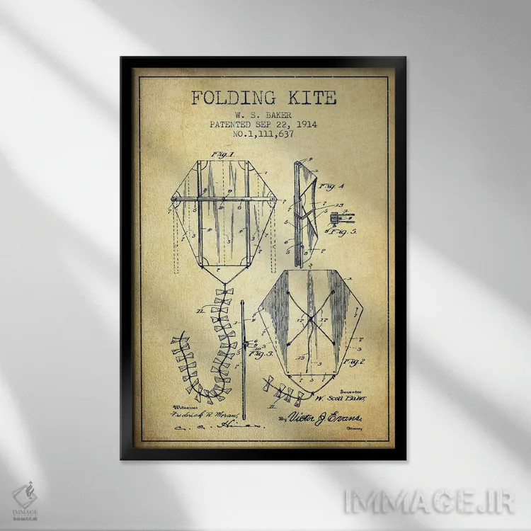 تابلو طرح ثبت اختراع بادبادک تاشو، اثر W.S. Baker (وینتیج/کلاسیک) اثر پیکسل کهنه (استودیو/نام هنری) - نمای قابدار مشکی