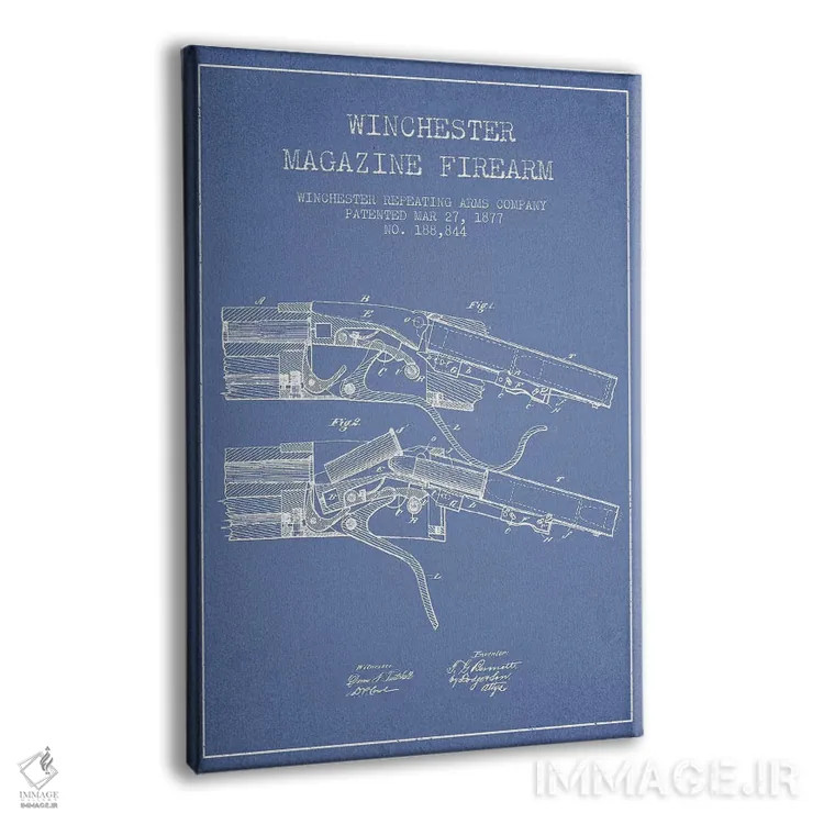 تابلو طرح ثبت اختراع اسلحه با خشاب ویندچستر، شرکت Winchester Repeating Arms (آبی روشن) I اثر پیکسل کهنه (استودیو/نام هنری) - نمای پرسپکتیو محصول