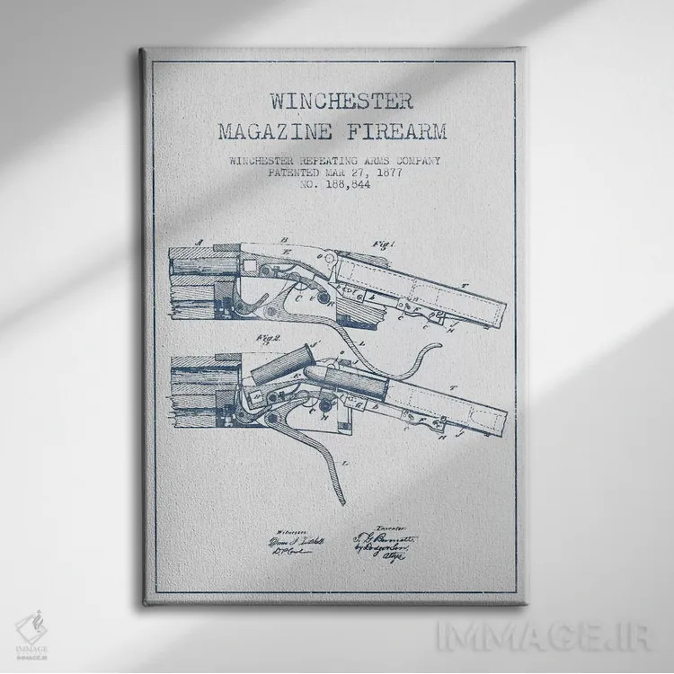 تابلو طرح ثبت اختراع اسلحه با خشاب ویندچستر، شرکت Winchester Repeating Arms (مرکب) اثر پیکسل کهنه (استودیو/نام هنری) - نمای روبهرو روی دیوار