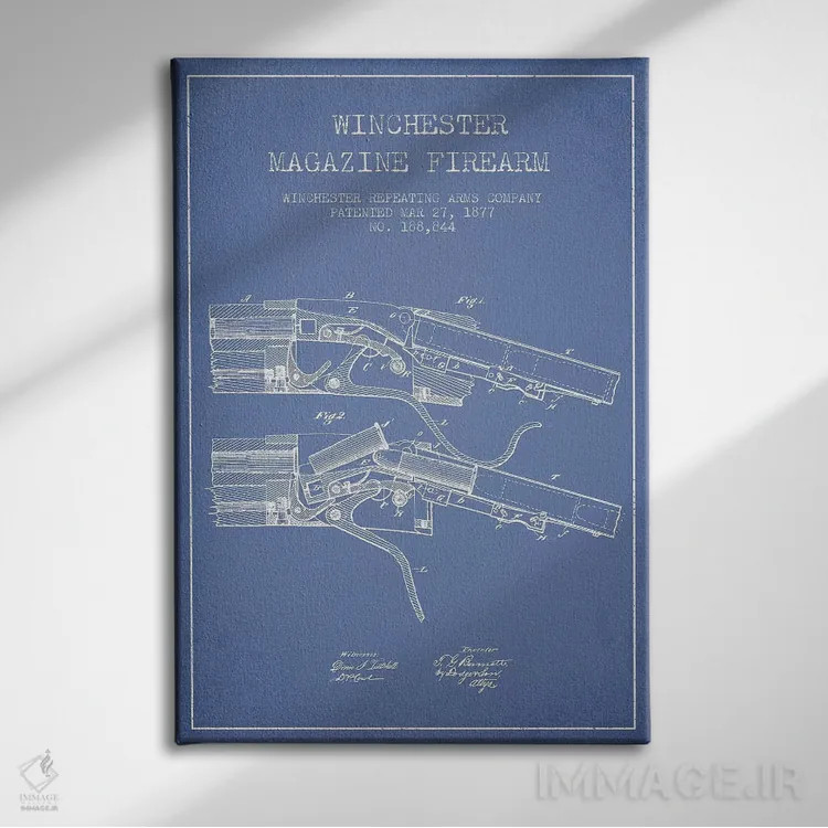 تابلو طرح ثبت اختراع اسلحه با خشاب ویندچستر، شرکت Winchester Repeating Arms (آبی روشن) I اثر پیکسل کهنه (استودیو/نام هنری) - نمای روبهرو روی دیوار
