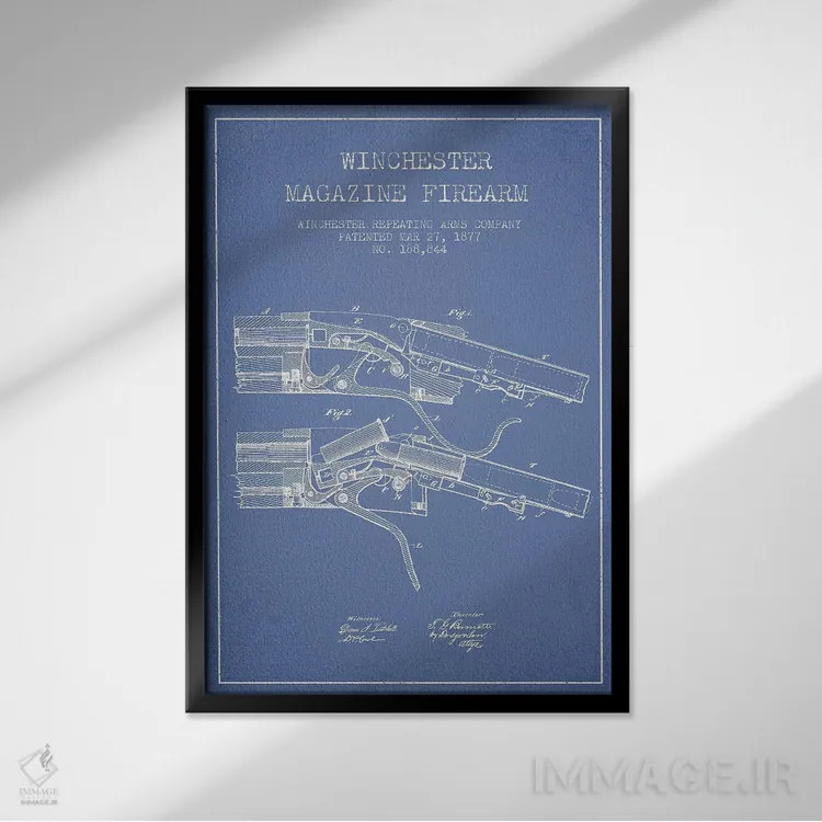 تابلو طرح ثبت اختراع اسلحه با خشاب ویندچستر، شرکت Winchester Repeating Arms (آبی روشن) I اثر پیکسل کهنه (استودیو/نام هنری) - نمای قابدار مشکی