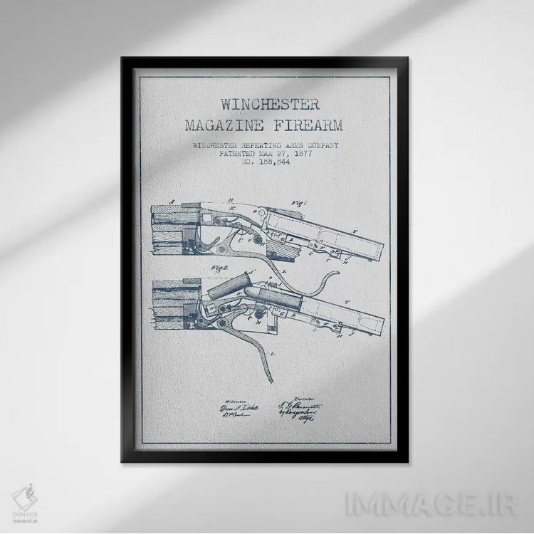 تابلو طرح ثبت اختراع اسلحه با خشاب ویندچستر، شرکت Winchester Repeating Arms (مرکب) اثر پیکسل کهنه (استودیو/نام هنری) - نمای قابدار مشکی