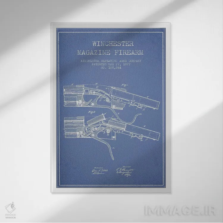 تابلو طرح ثبت اختراع اسلحه با خشاب ویندچستر، شرکت Winchester Repeating Arms (آبی روشن) I اثر پیکسل کهنه (استودیو/نام هنری) - نمای قابدار سفید