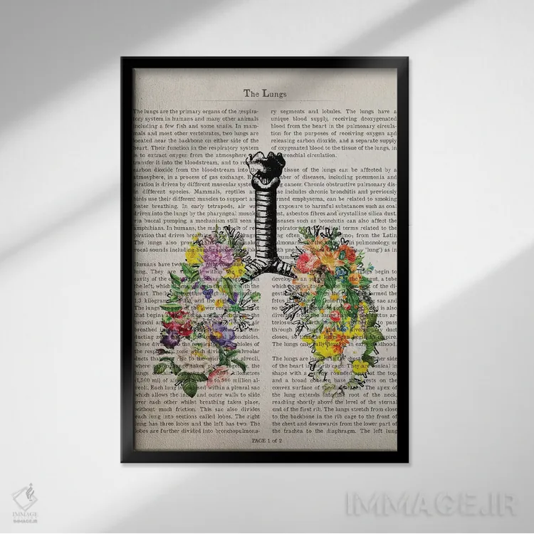تابلو ریهها با گلها اثر پیکسل کهنه (استودیو/نام هنری) - نمای قابدار مشکی