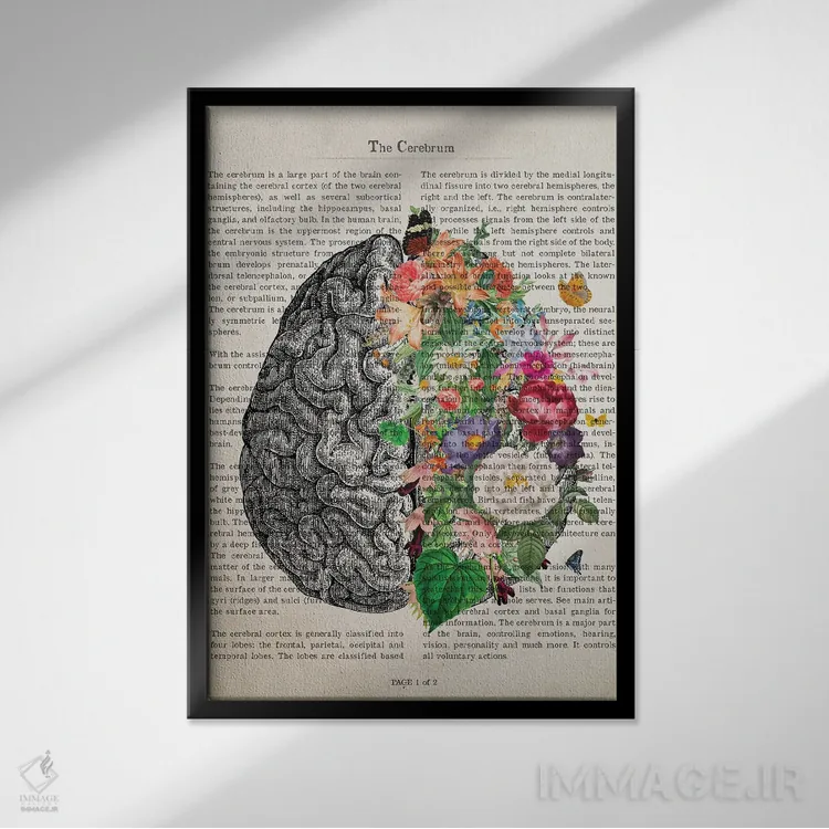 تابلو چاپ هنری مغز با گل (هنر آناتومی) اثر پیکسل کهنه (استودیو/نام هنری) - نمای قابدار مشکی