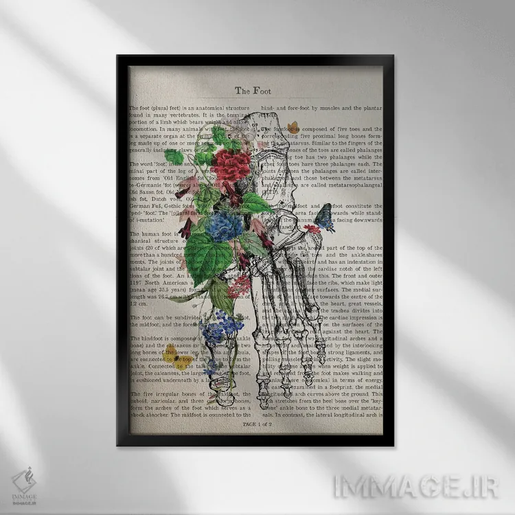 تابلو چاپ هنری آناتومی پا با گل اثر پیکسل کهنه (استودیو/نام هنری) - نمای قابدار مشکی