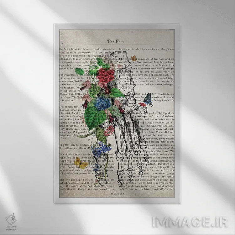 تابلو چاپ هنری آناتومی پا با گل اثر پیکسل کهنه (استودیو/نام هنری) - نمای قابدار سفید