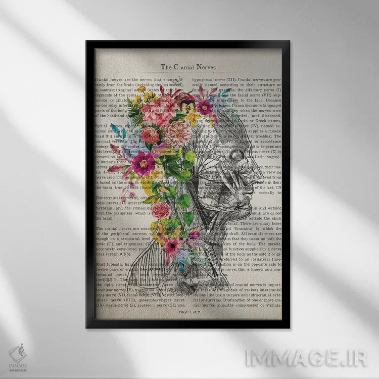 تابلو چاپ آناتومی اعصاب جمجمه با گل اثر پیکسل کهنه (استودیو/نام هنری) - نمای قابدار مشکی