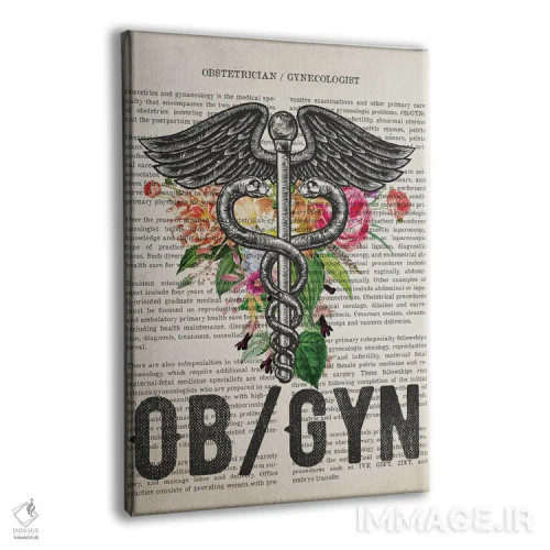 تابلو متخصص زنان زایمان (OB/GYN) با گلها اثر پیکسل کهنه (استودیو/نام هنری) - نمای پرسپکتیو محصول